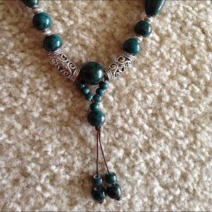 Silver and Green Brown Leather Necklace